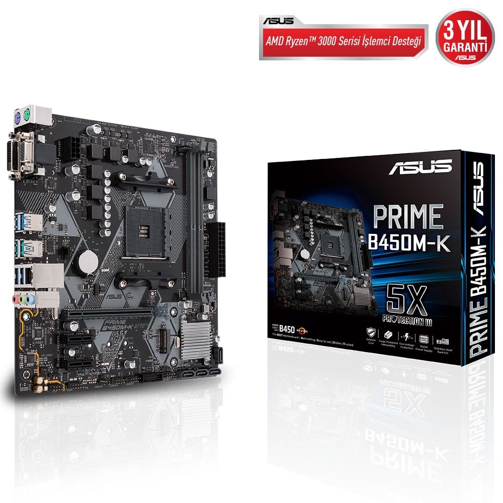 ASUS PRIME B450M-K AMD B450 AM4 DDR4 4400 Mhz M2 USB 3.2 mATX Anakart