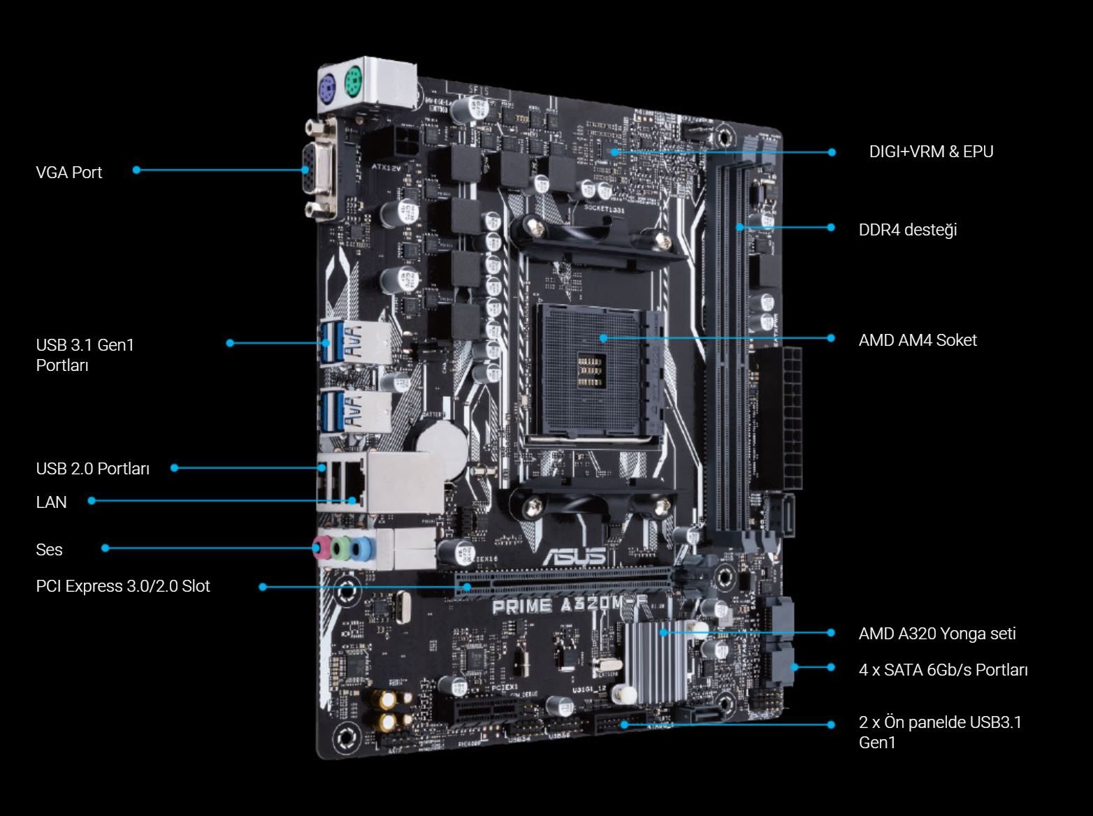 ASUS PRIME A320M-F 3200MHz(OC) Anakart – görsel 2