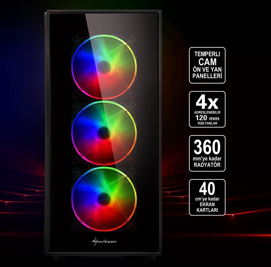 Sharkoon TG5 PRO Kasa – Işıklı RGB‘li Ön panel.