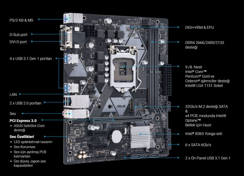 ASUS PRIME B365M-K 2666MHz(OC) Anakart – görsel 2