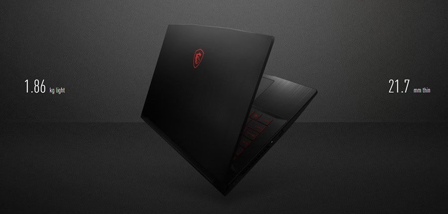MSI GF63 THIN 11UD-428XTR / i7-11800H Gaming Laptop – Metalik üst yüzey ve klavye kapağı, zorlu savaşlar için fütüristik bir tasarımla