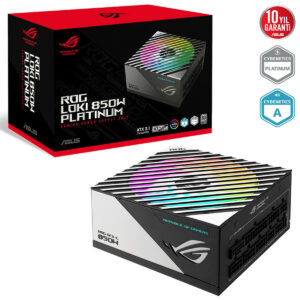 Yüksek performanslı ASUS ROG Loki 850W Platinum güç kaynağı, RGB aydınlatmalı tasarımıyla oyuncu bilgisayarları için ideal, 10 yıl garanti ve sessiz çalışma özelliklerine sahiptir.