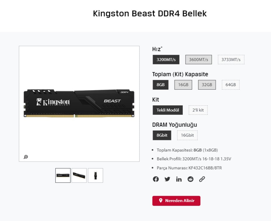 Kingston Beast Black 8GB Ram h2
