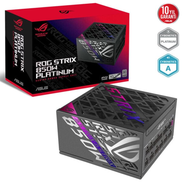 Yüksek performanslı ROG STRIX 850W güç kaynağı, 80 Plus Platinum sertifikalı, oyun ve bilgisayar bileşenleri için ideal, şık tasarım ve güvenilirlik, ASUS kalitesiyle gaming güç ünitesi.