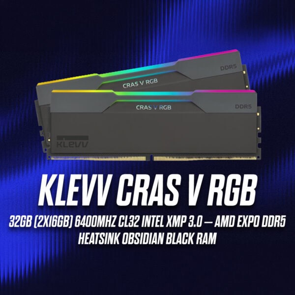 KLEVV CRAS V RGB DDR5 RAM modülleri, Obsidian Black renk seçeneğiyle, 32GB kapasite ve 6400MHz hızında, Intel XMP 3.0 ve AMD EXPO uyumlu, heatsink ile soğutmalı.
