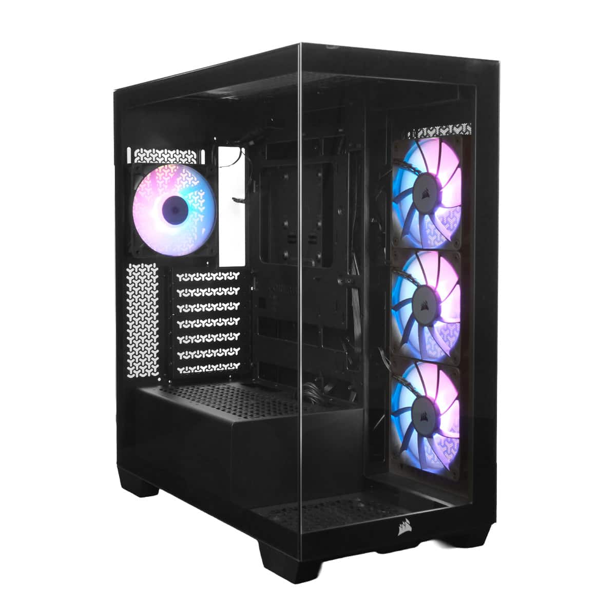 Şeffaf oyun bilgisayarı kasası ve RGB aydınlatmalı fanlar, yüksek performanslı donanım içindir.
