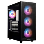 RGB aydınlatmalı fanlara sahip şık gaming kasası, iç kısmı görünür cam panel ile modern ve şık tasarım.