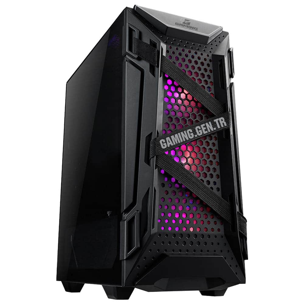 Gelişmiş oyun bilgisayarı kasası, RGB aydınlatmalı fanlar ve hava akışını optimize eden tasarımıyla dikkat çekiyor.
