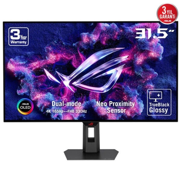 Yüksek çözünürlükte Asus OLED oyun monitörü, 31.5 inç 4K, G-SYNC destekli, 165Hz yenileme hızı, dual-mode ve Neo Proximity Sensor özellikleri ile profesyonel oyunculara yönelik.