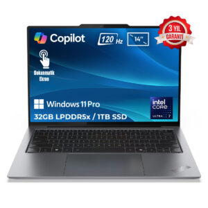 Yapay Zeka dostu, 14 inç dokunmatik ekranlı, 120 Hz ekran yenileme hızına sahip Windows 11 Pro dizüstü bilgisayar with Intel Core i7, 32GB RAM ve 1TB SSD, uzun garanti süresi ile.