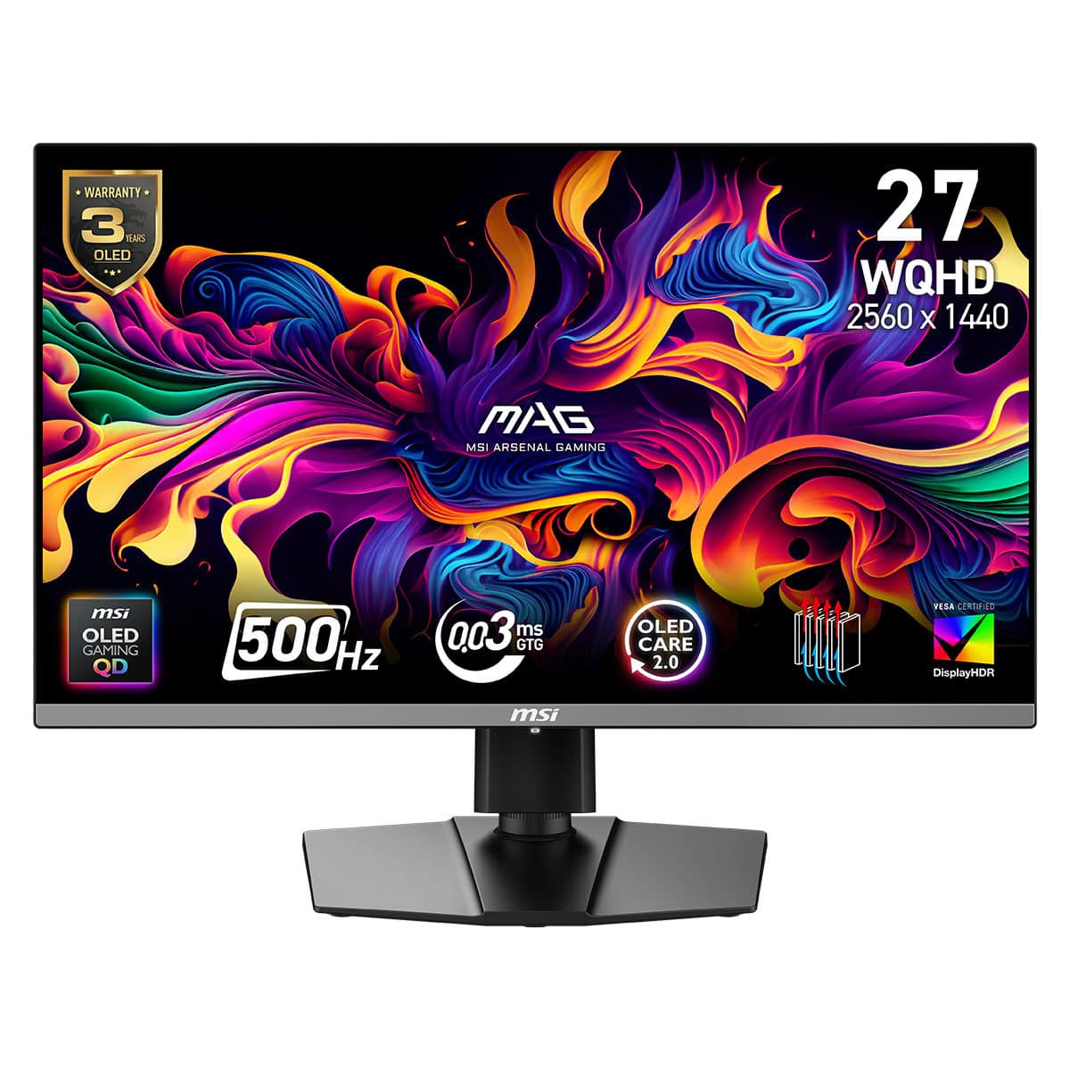 Yüksek çözünürlüklü MSI MAG ARMOR Y30 27 inç 2560x1440 WQHD gamers monitoru, OLED panel, 500Hz yenileme hızı ve 0.3ms tepki süresi ile profesyonel oyunculara özel tasarım.