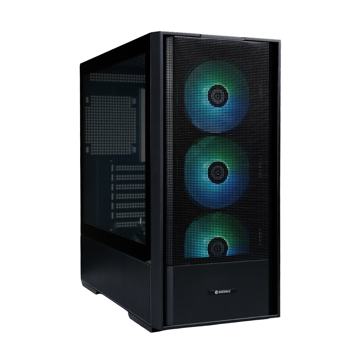 Üç adet RGB aydınlatmalı bilgisayar fanı ile donatılmış şık oyun bilgisayarı kasası, yüksek performanslı sistemler için ideal.