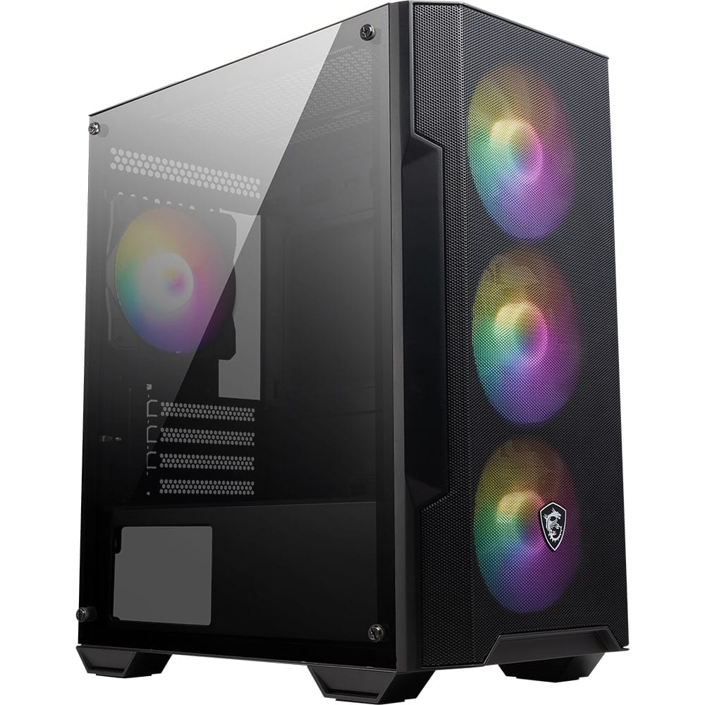 RGB aydınlatmalı üç fanlı oyun kasası, şeffaf cam panel ve modern tasarım ile yüksek performanslı sistemler için ideal.