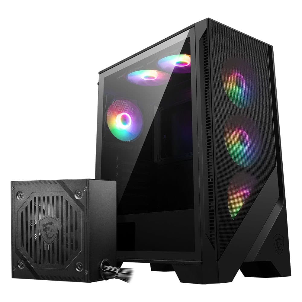 RGB aydınlatmalı oyun bilgisayarı ve güç kaynağı, yüksek performanslı donanım ile şık tasarım.