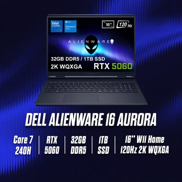 Dell Alienware 16 Aurora gaming dizüstü bilgisayarı, 16 inç 2K WQXGA ekran, RTX 5060 grafik kartı, 32GB DDR5 RAM, 1TB SSD, Windows 11 Home, 120Hz yenileme hızı ile.