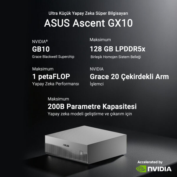Asus Ascent Gx10 Gg0003bn Nvidia Gb10 Cpu Blackwell Gpu 128gb Lpddr5x 1tb Ssd Yapay Zeka Super Bilgisayar F13