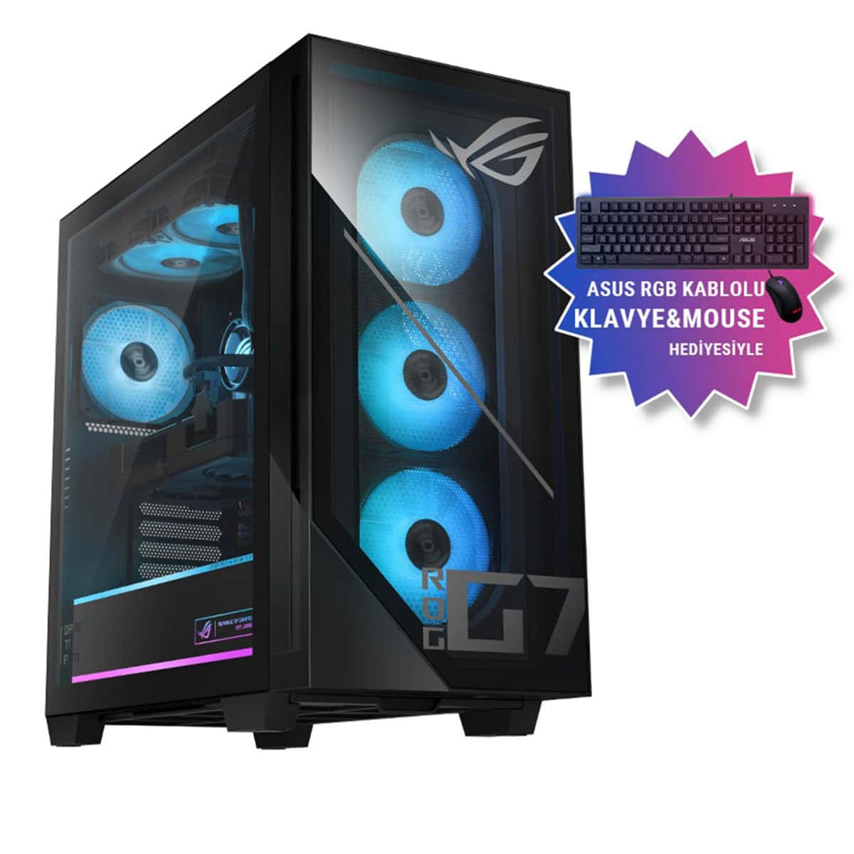 Gümüş ve siyah renkli RGB aydınlatmalı oyuncu bilgisayarı kasa, içindeki soğutucu fanlar mavi ışık yayarken, gaming ekipmanları ve yüksek performanslı donanım detaylarıyla modern tasarım. ASUS RGB klavye ve mouse hediyeli, güçlü ve şık oyun bilgisayarı seçeneği.