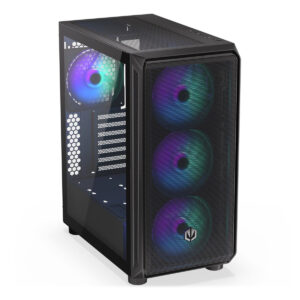 Gelişmiş oyun bilgisayarı kasası, RGB aydınlatmalı fanlar ve yüksek performanslı iç donanım ile donatılmış, oyun tutkunları için ideal, şık ve dayanıklı masaüstü bilgisayar kasası.