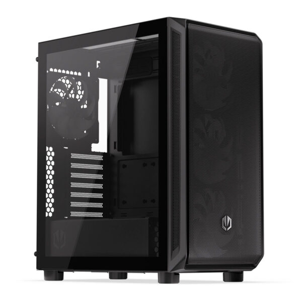 Yüksek performanslı oyun bilgisayarı kasası, şeffaf yan panel, iyi hava akışı, güçlü soğutma sistemi, oyun ve donanım tutkunları için ideal, modern masaüstü PC kutusu, siyah renkli, dayanıklı yapı.