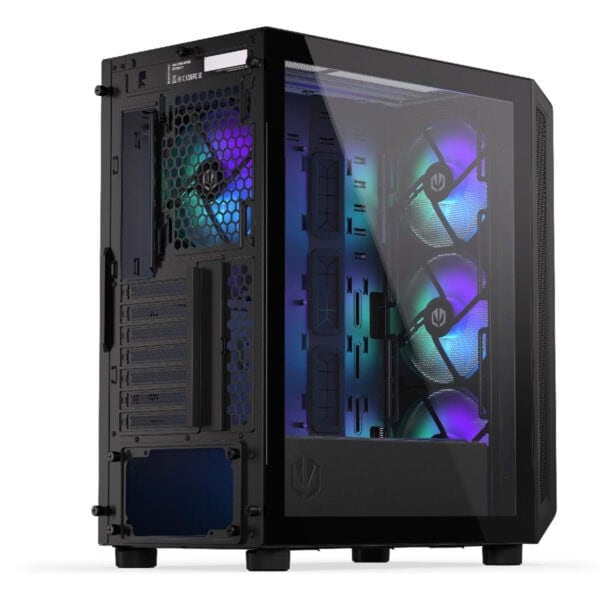 Yüksek performanslı oyun bilgisayarı kasası RGB aydınlatmalı ve şeffaf cam panel ile şık tasarım.