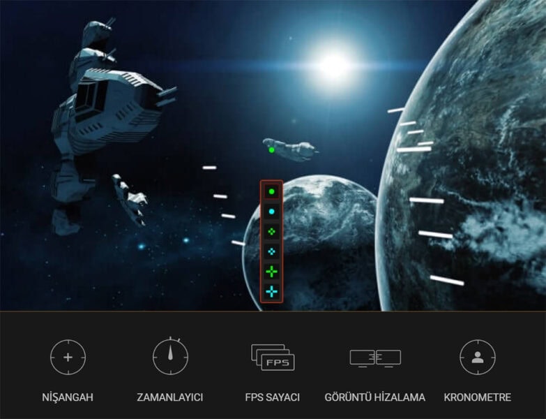 TUF Gaming VG249Q5A Yüksek çözünürlüklü uzay temalı oyun ekranı, FPS kontrol paneli, zamanlayıcı ve nişangah ayarlarıyla donatılmış, uzayda savaş ve keşif deneyimi için ideal oyun arayüzü, oyun severler için optimize edilmiş.