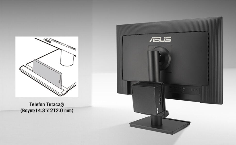 Yüksek çözünürlüklü bilgisayar monitörü ve telefon tutacağı, ergonomik tasarımıyla oyun ve çalışma ortamları için ideal, ASUS markalı monitör ve telefon tutucu kullanımı kolay ve şık görünüm sağlar.