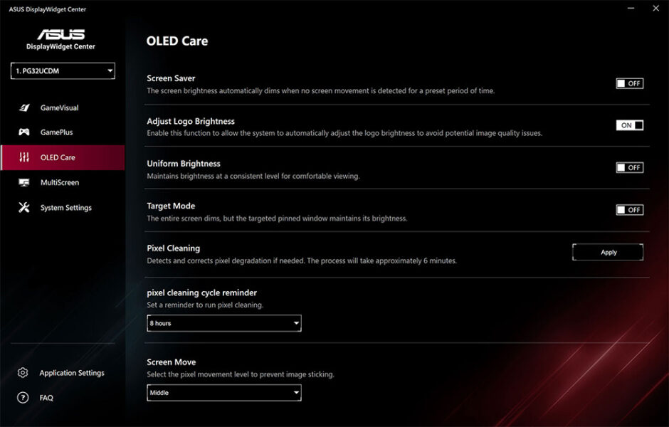 ROG Swift OLED PG32UCDMZ Görüntü ayarlarından OLED Care ekran ayarları, ekran parlaklığı ve piksel temizleme özellikleri, ASUS DisplayWidget Center yazılım arayüzü, oyun ve monitör optimizasyonu için kullanılır.