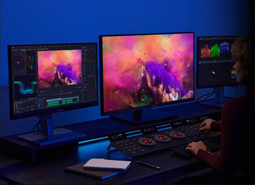 ProArt Display OLED PA27DCE-K Dijital sanat ve fotoğraf düzenleme için bilgisayar ekranında detaylı portre düzenlemesi yapan tasarımcı, yaratıcı grafik tasarım ve dijital sanat atölyesinde çalışıyor.