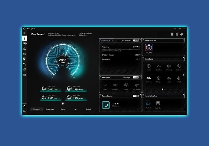 Yüksek performanslı bilgisayar işlemci ve soğutma ayarlarını gösteren ekran görüntüsü, oyun performansı ve sistem optimizasyonu için ideal performans izleme aracı.