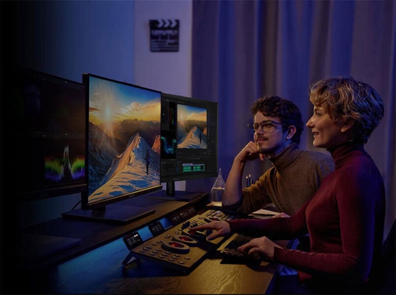 ProArt Display OLED PA27DCE-K çalışanlar ve video düzenleme için yüksek çözünürlüklü monitörler, profesyonel içerik üretimi ve oyun tasarımı, bilgisayar ekranında doğa manzarası görüntüsü, yaratıcı çalışma ortamı.
