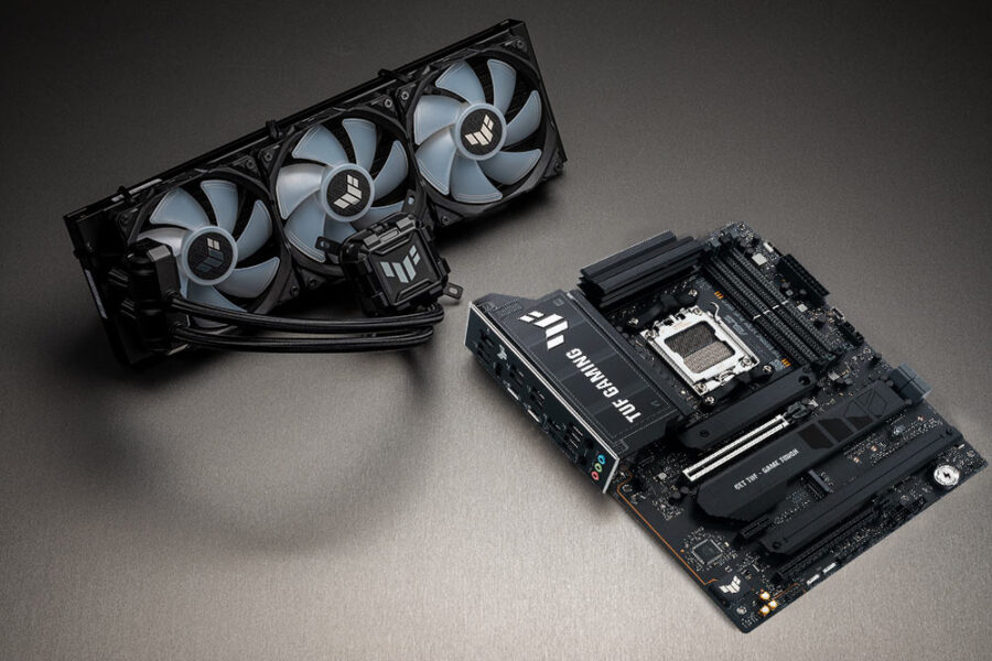 TUF GAMING X870E-PLUS WIFI7 Yuvarlak soğutmalı yüksek performanslı bilgisayar su soğutma sistemi ve anakart, oyun ve yüksek performans amaçlı bilgisayar donanımı.