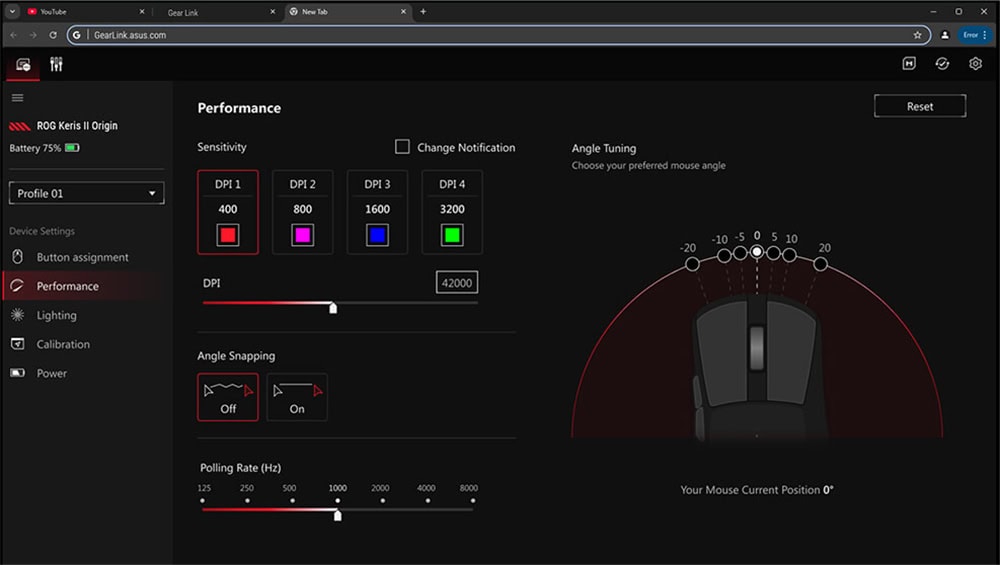 ROG Keris II Origin DPI ayarları ve oyun performans optimizasyonu aracını gösteren oyun mouse ayar ekranı, hassasiyet, açı yakalama ve polling rate ayarlarıyla profesyonel gaming mouse konfigürasyonu.