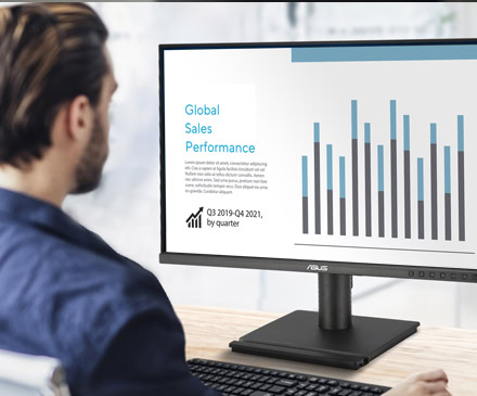 BE27AQG Veri analizi ve iş performansı grafiklerini gösteren ofis ortamında çalışan kişi, ekranında finans ve satış performansını gösteren grafikler ile uzmanlık konusu vurgulanır.