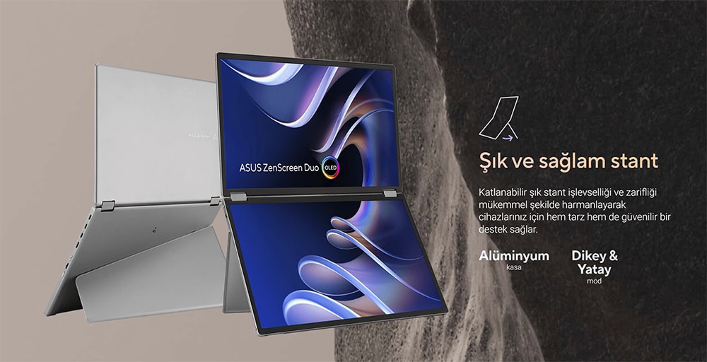 ZenScreen Duo OLED MQ149CD Çok yönlü ASUS ZenScreen Duo OLED taşınabilir ekran, yüksek çözünürlüklü ve taşınabilir tasarımıyla ofis ve oyun deneyiminizi artırır.