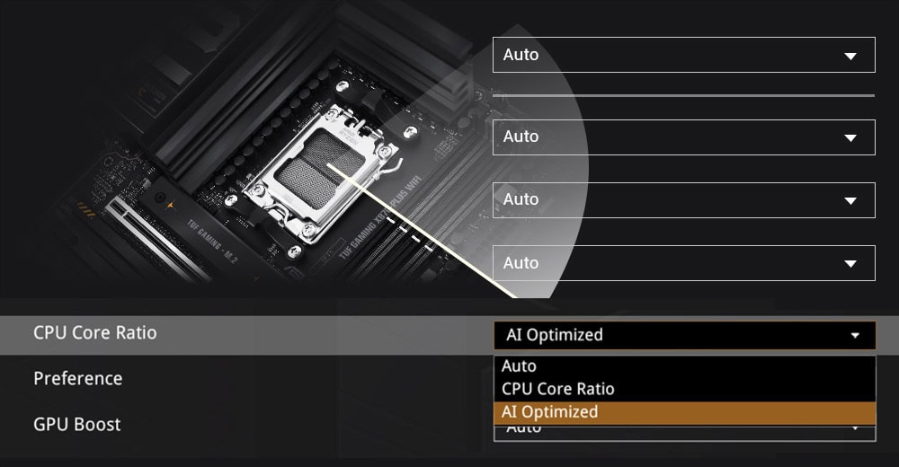 TUF GAMING X870E-PLUS WIFI7 Yüksek performanslı bilgisayar işlemci ve anakart ayarları, oyun optimizasyonu ve AI destekli hız artırma özellikleri, en iyi oyun deneyimi için ideal seçenekler.