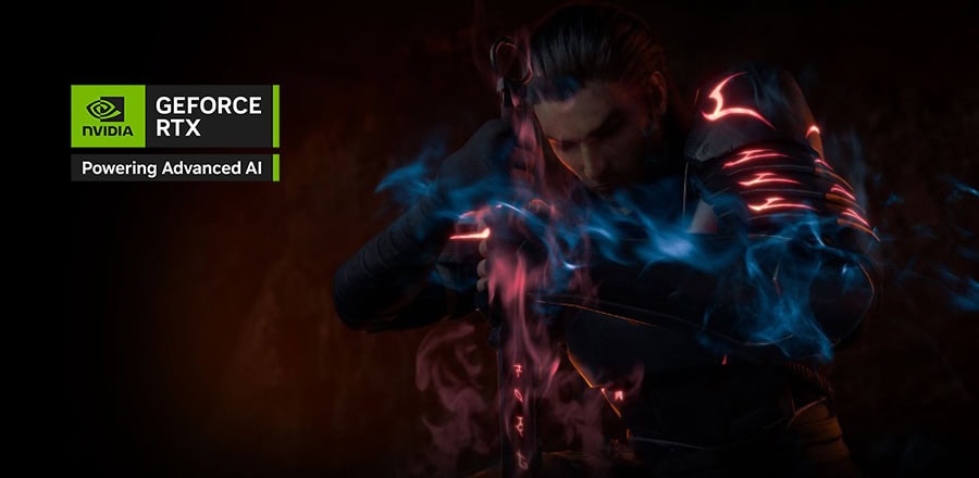 Görüntü, NVIDIA GeForce RTX ve gelişmiş yapay zeka teknolojileriyle desteklenen yüksek performanslı bir gaming ekran kartı reklamı; odak noktasında kobra figürlü, neon ışıklı kıyafetler giymiş güçlü bir kadın oyuncu yer alıyor, oyunun ve yüksek grafik performansının vurgusuyla.