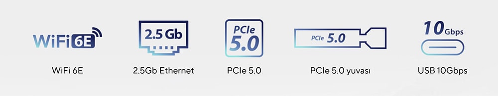 WiFi 6E, 2.5 Gb Ethernet, PCIe 5.0 slot, PCIe 5.0 yuvası ve USB 10Gbps yüksek hızlı bağlantı özellikleri, oyuncular ve yüksek performanslı bilgisayarlar için optimize edilmiş bağlantı teknolojileri.