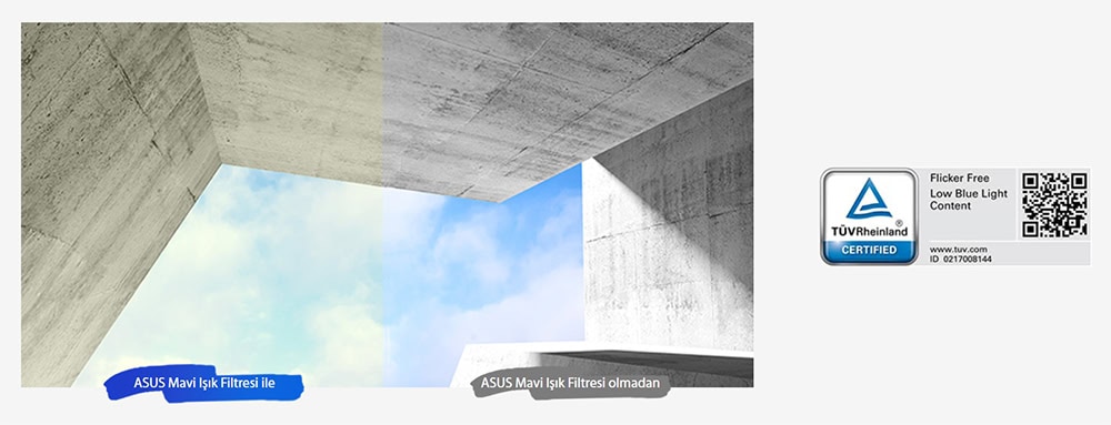 Gelişmiş mavi ışık filtresi ve filtresiz karşılaştırma ile ASUS bilgisayar ekran koruması, düşük mavi ışık içeriği ve ekran koruma teknolojisi içeren ürün.