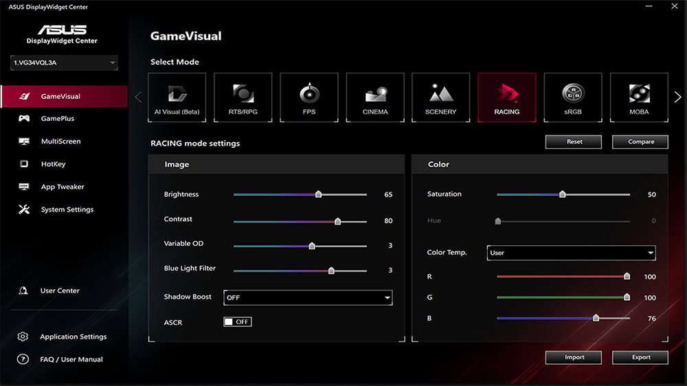 TUF Gaming VG259QMRL5A Ayrıntılı oyun görüntü ayarları ekranı, ASUS DisplayWidget Center kullanılarak oyun renkleri ve görsel ayarların optimize edilmesini gösteriyor. Renk ve kontrast ayarları, oyun modları ve renk sıcaklığı seçenekleri, özellikle yarışma ve grafik yoğun oyunlar için optimize edilmiştir. Kullanıcılar, oyun performansını ve görsel deneyimlerini kişiselleştirmek için çeşitli ayarları kolayca düzenleyebilir. Bu ekran, gamerların oyunlardaki görsel kaliteyi artırmasına yardımcı olur.