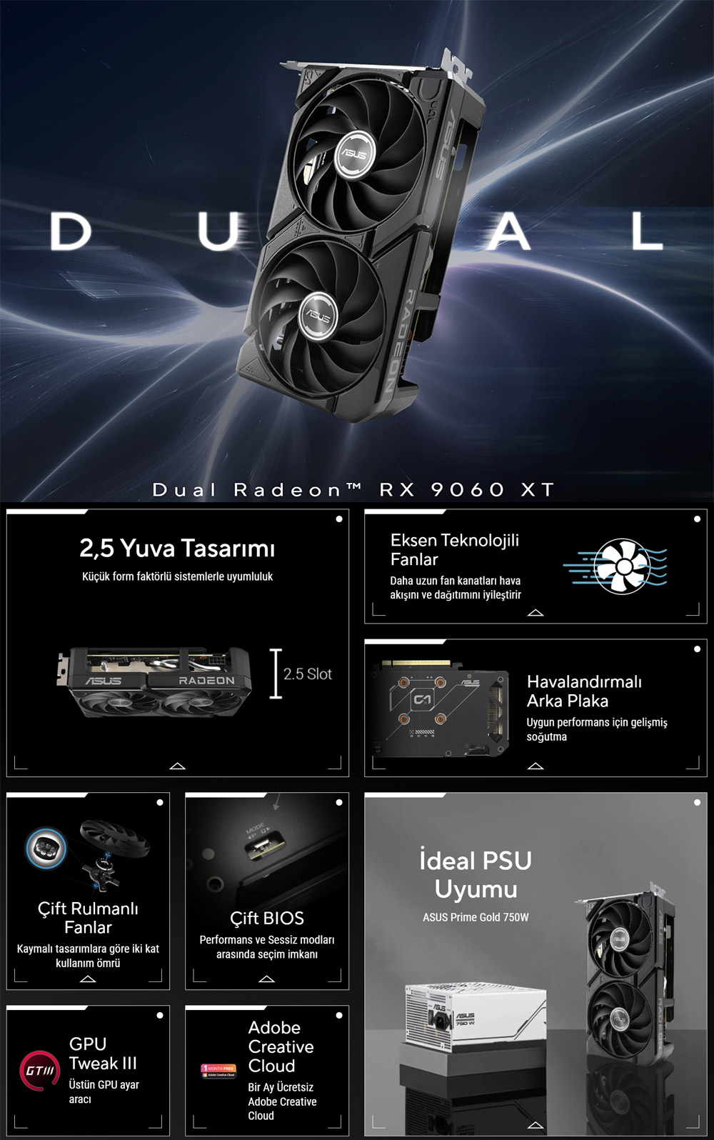 ASUS Dual Radeon RX 9060 XT 16GB GDDR6 Ekran Kartı H2