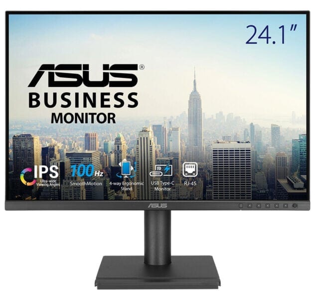 Yüksek çözünürlüklü ASUS iş monitörü, 24.1 inç, IPS ekran, 100Hz yenileme hızı, 4 yönlü ergonomik stand, USB-C bağlantısı ve RJ-45 portu ile ofis ve profesyonel kullanım için ideal.
