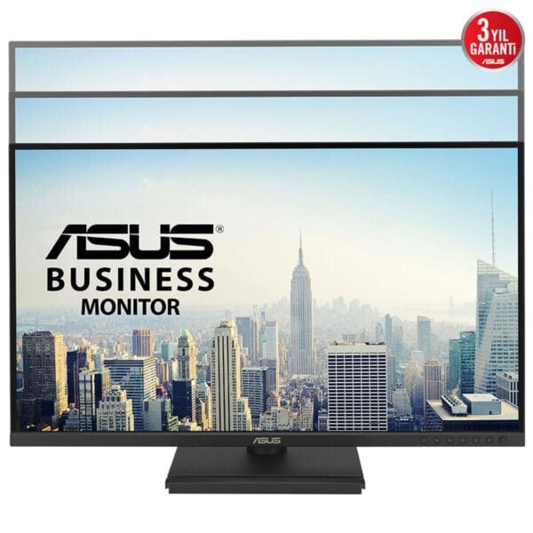 Yüksek çözünürlüklü ASUS Business Monitör, şehir manzarası ve Empire State Binası ile ofis kullanımı için ideal, dayanıklı ve 3 yıl garanti sunar.