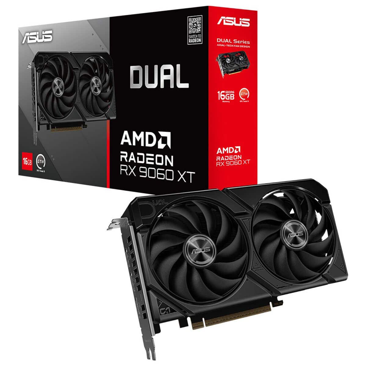 Gelişmiş ASUS AMD Radeon RX 9060 XT ekran kartı, çift fanlı soğutma tasarımı ve 16GB GDDR6 belleği ile yüksek performanslı oyun ve grafik işlemleri için ideal.