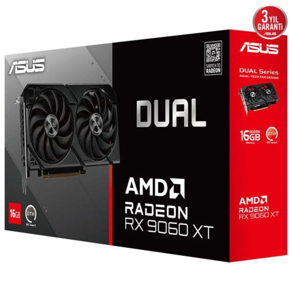 Yüksek performanslı Asus Dual AMD Radeon RX 9060 XT ekran kartı, 16GB GDDR6 bellek ve çift fan tasarımıyla oyun ve grafik projeleri için ideal.
