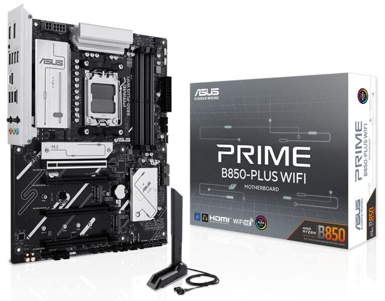 Yüksek performanslı ASUS PRIME B850-PLUS Wi-Fi anakart ve anteni; oyun ve yoğun bilgisayar kullanımı için ideal, mükemmel bağlantı ve hız sağlar.