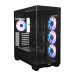 Yüksek performanslı gaming bilgisayar kasası, RGB aydınlatmalı fanlar ve şeffaf panel ile oyun tutkunları için ideal, şık ve geniş iç mekânlı bilgisayar kasası görüntüsü.