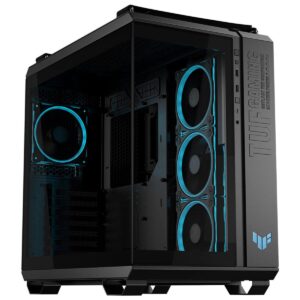 Şeffaf bilgisayar kasası içindeki RGB aydınlatmalı fanlar ve donanım bileşenleri, yüksek performanslı oyun sistemi görüntüsü.