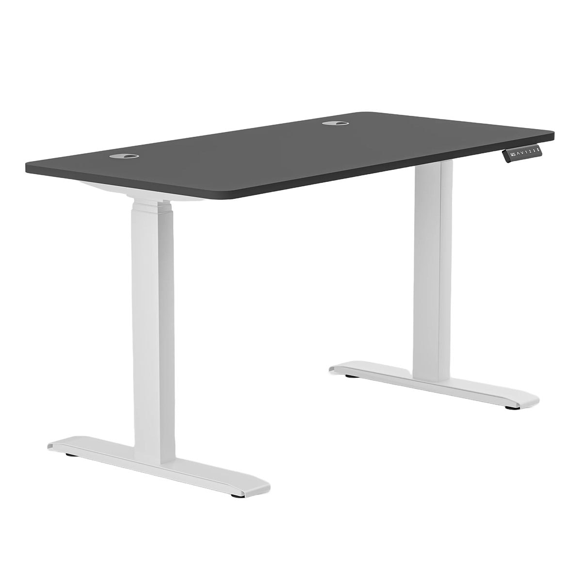 Yüksek kaliteli motorlu ayarlanabilir çalışma masası, ergonomik ofis ve oyun kullanımı için ideal, modern tasarım, beyaz ayaklar ve siyah çalışma yüzeyi özellikleriyle dikkat çeker.