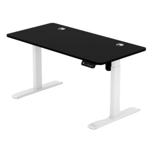 Yüksek ergonomili bilgisayar çalışma masası, siyah üst yüzey ve beyaz ayak tasarımıyla ofis ve ev kullanımı için ideal. Ayarlanabilir özellikleri ve modern görünümü ile oyun ve çalışma alanlarına şıklık katıyor.