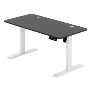 Yüksekliği ayarlanabilir bilgisayar çalışma masası, oyun ve ofis kullanımı için ergonomik dizayn, modern siyah yüzey ve beyaz ayaklar ile şık ve fonksiyonel.